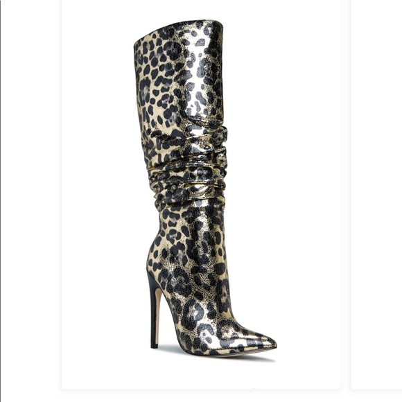 Slouchy Black and Gold Leopard Boots - Picture 1 of 2